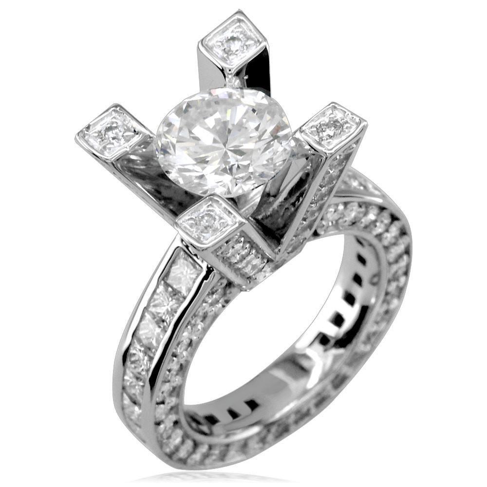 Diamond Engagement Ring Setting with Round and Princess Cut Diamond Side Stones E/W-K0088