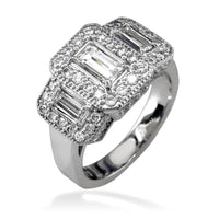 Three Stone Diamond Baguette Ring with Diamond Halos E/W-K0102