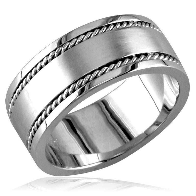Wide Mens Band with Rope Detail in 14K White Gold, 8mm Wide