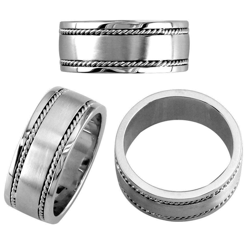 Wide Mens Band with Rope Detail in 14K White Gold, 8mm Wide