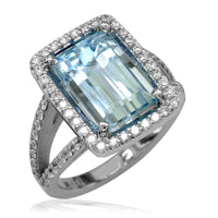 Latitude Large Aquamarine and Diamond Ring with Split Shank in 14K