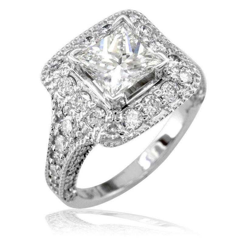 Princess Cut Diamond Halo Engagement Ring Setting in 18K White Gold, 1.60CT