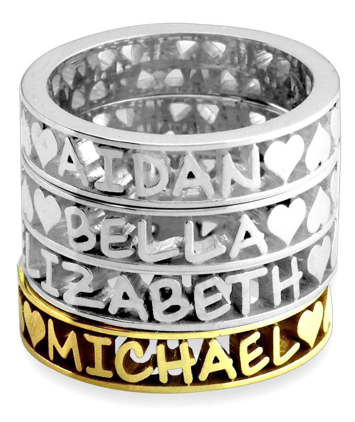 Any Name Framed Stackable Heart Name Ring in 14k Yellow Gold