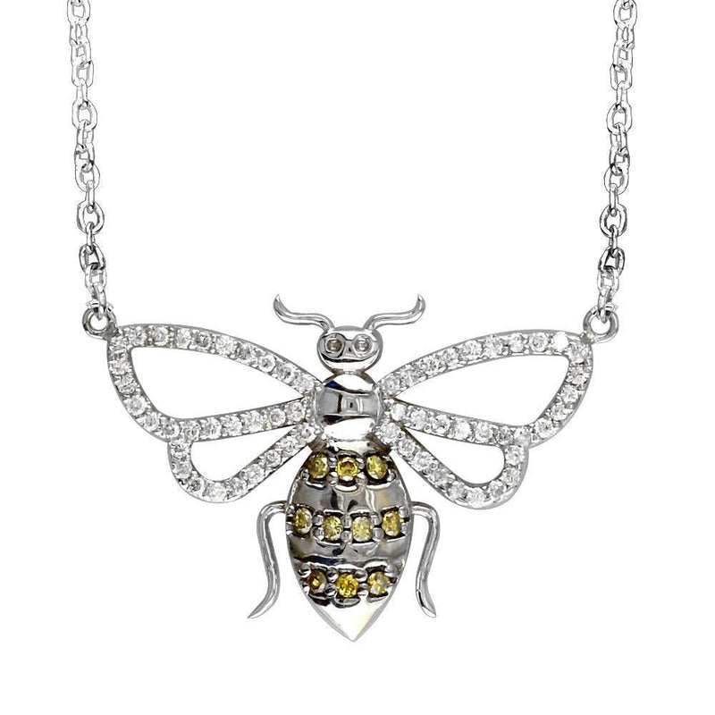 Yellow and White Diamond Bee Pendant Necklace in 14K White Gold