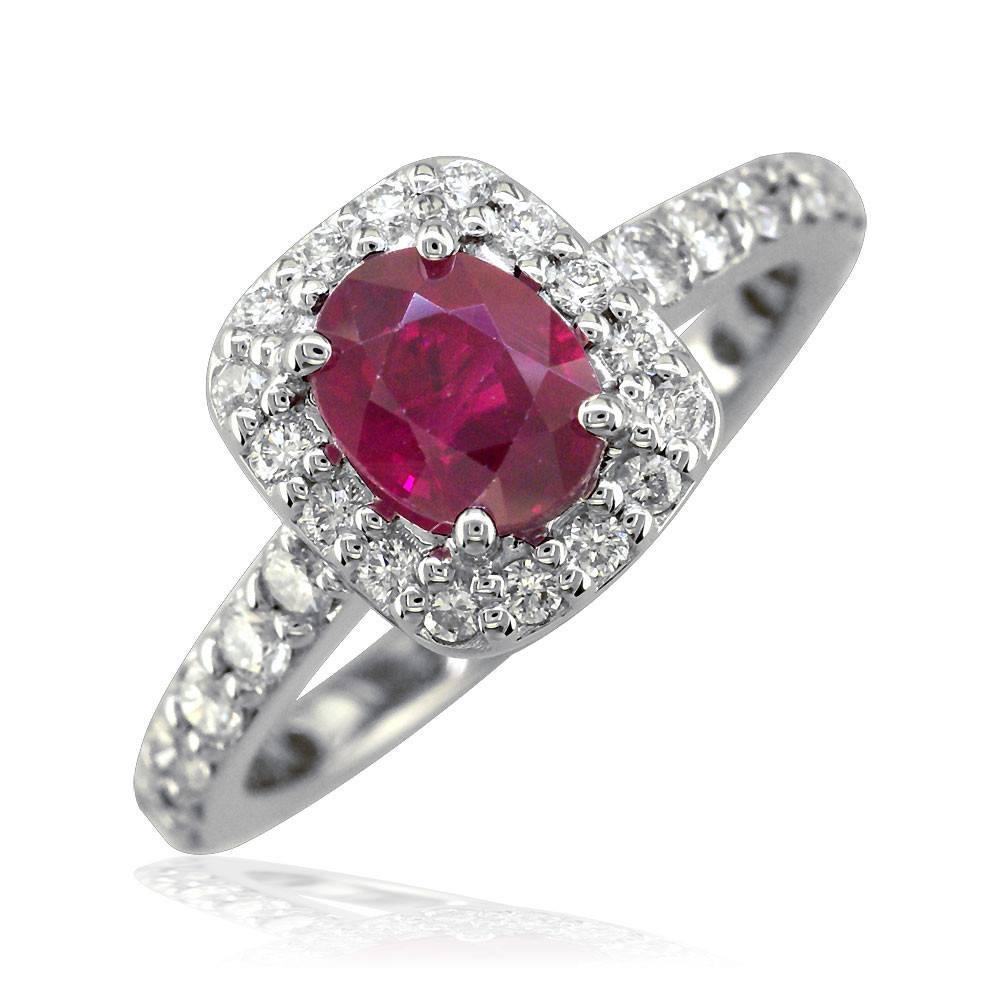 Oval Ruby Cushion Diamond Halo Ring in 14K White Gold