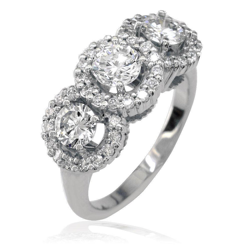 Three Stone Diamond Ring with Diamond Halos E/W-K0526
