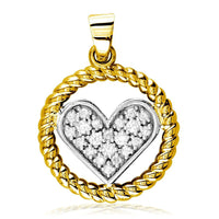 Diamond Heart and Rope Circle Pendant in 14k White and Yellow Gold