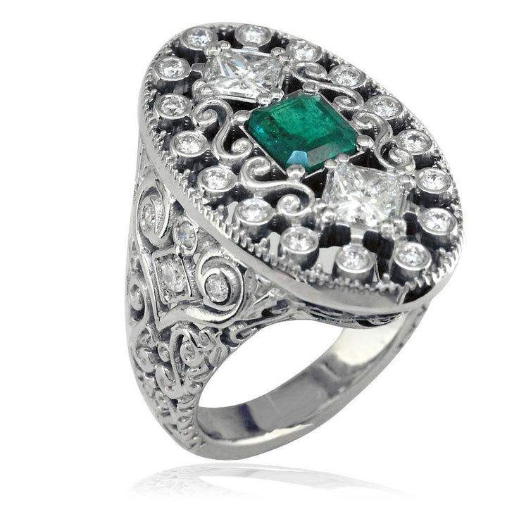 Large Vintage Style Emerald and Diamond Ring in 14K White Gold