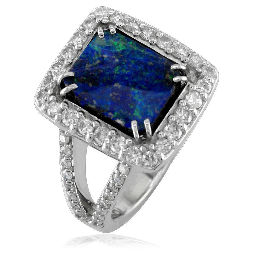 Black Boulder Opal and Diamond Halo Ring in 14K White Gold