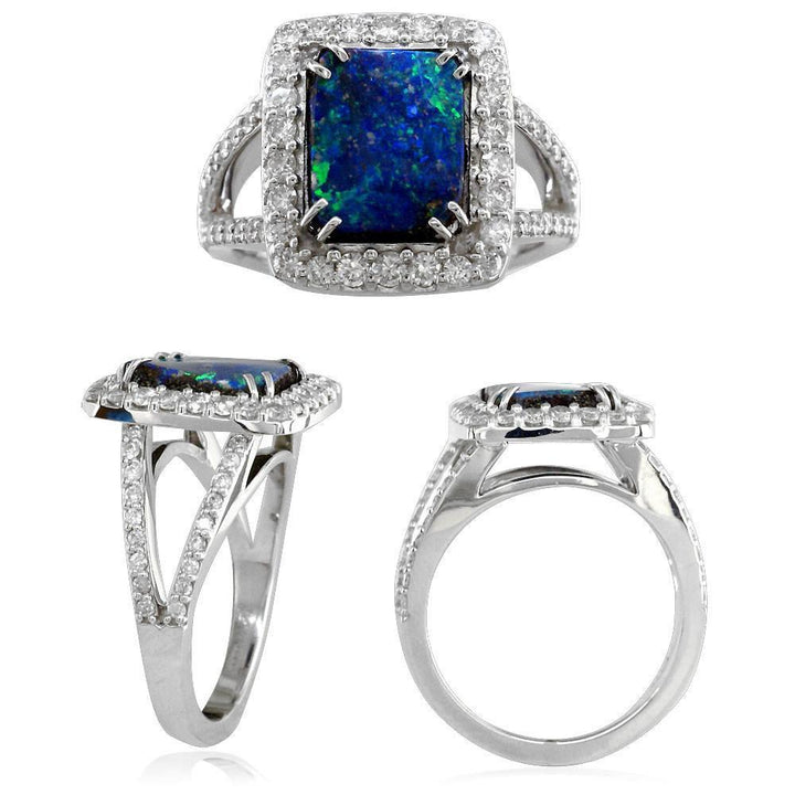 Black Boulder Opal and Diamond Halo Ring in 14K White Gold