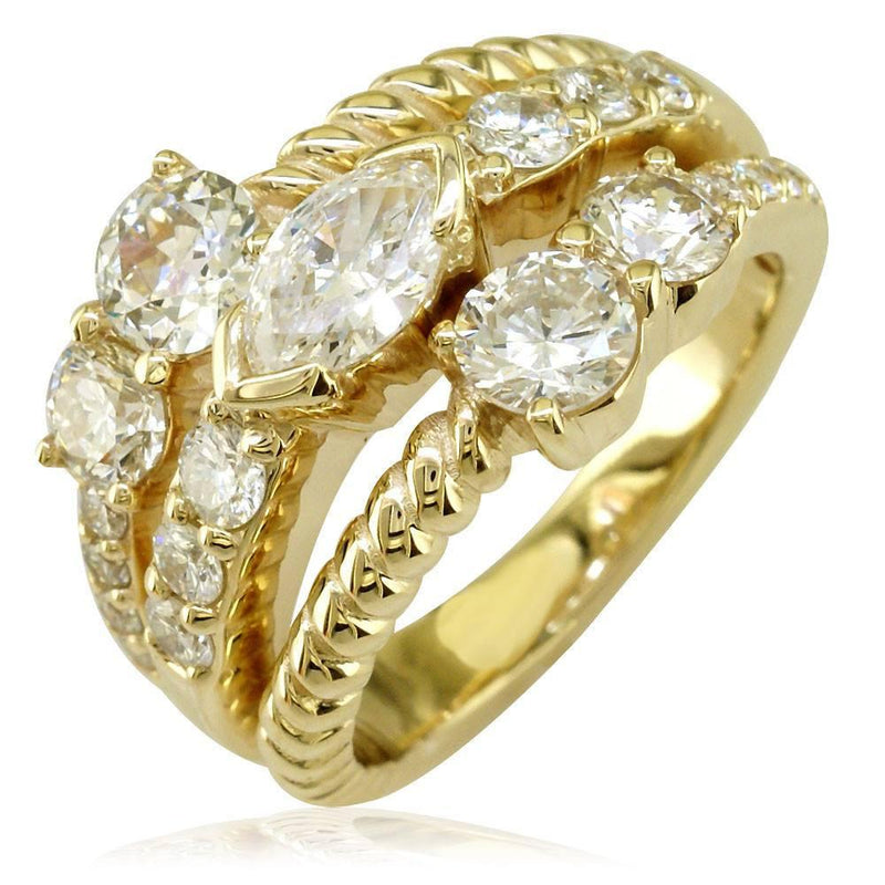 Wide 3 Row Marquise and Round Diamonds Ring in 14K Yellow Gold
