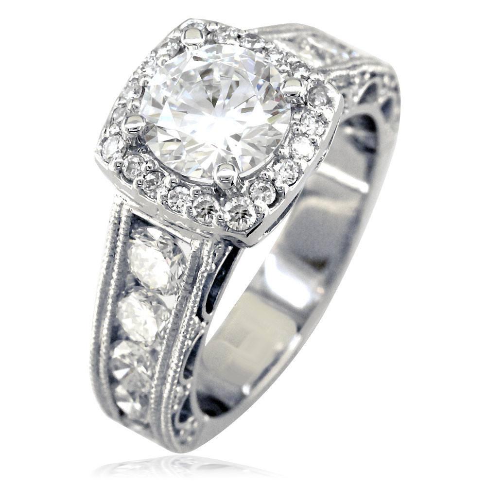 Vintage Style Diamond Halo Engagement Ring Setting in 14K White Gold, 1.55CT
