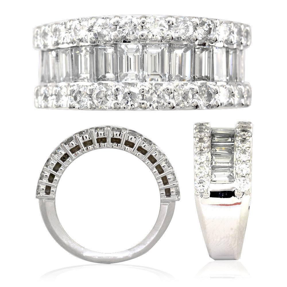 Wide 3 Row Diamond  Band with Baguettes and Rounds Going 3/4 the way down in 14K White Gold, 3.17CT