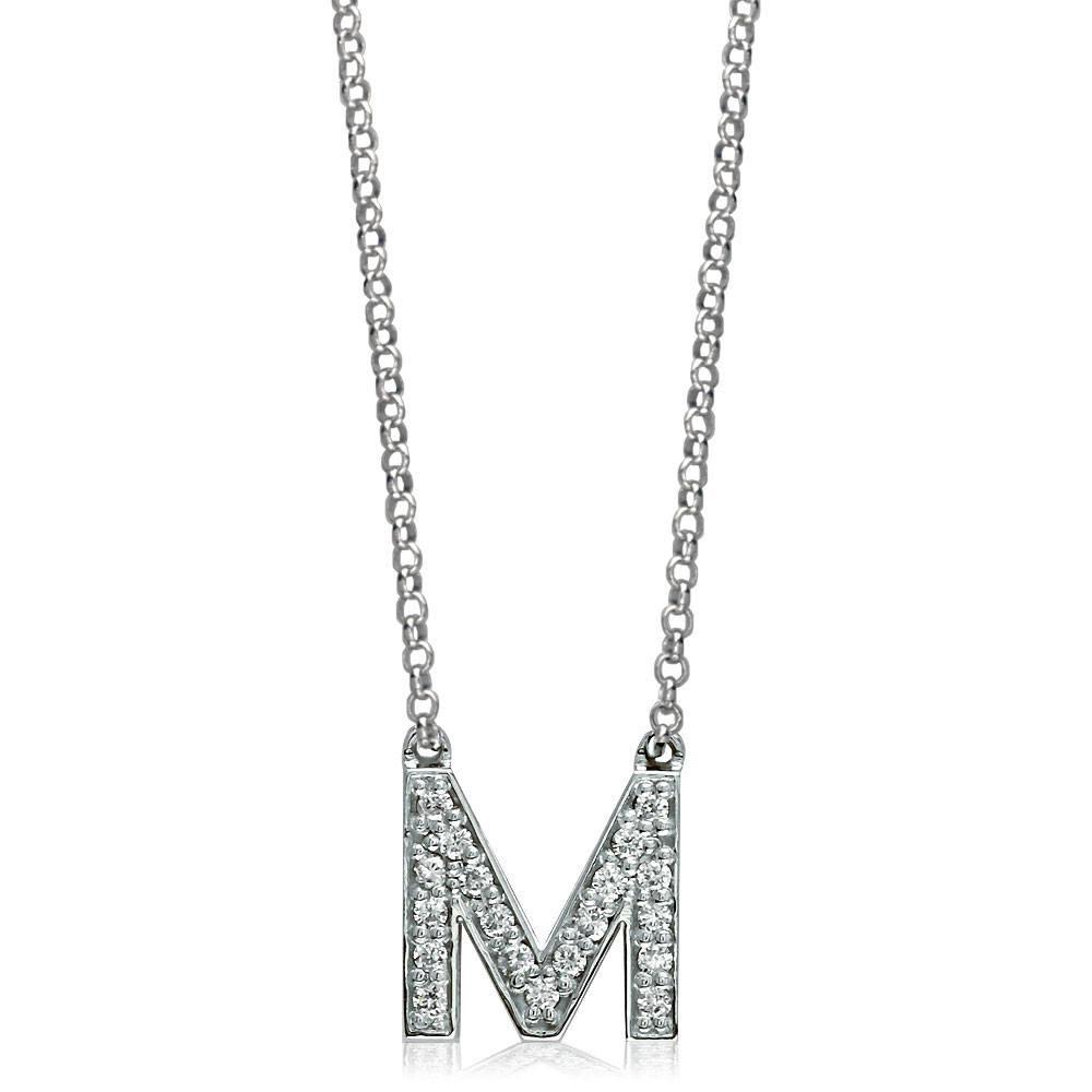 Diamond Initial M Pendant and Chain in 14K White Gold, 0.38CT, 16"