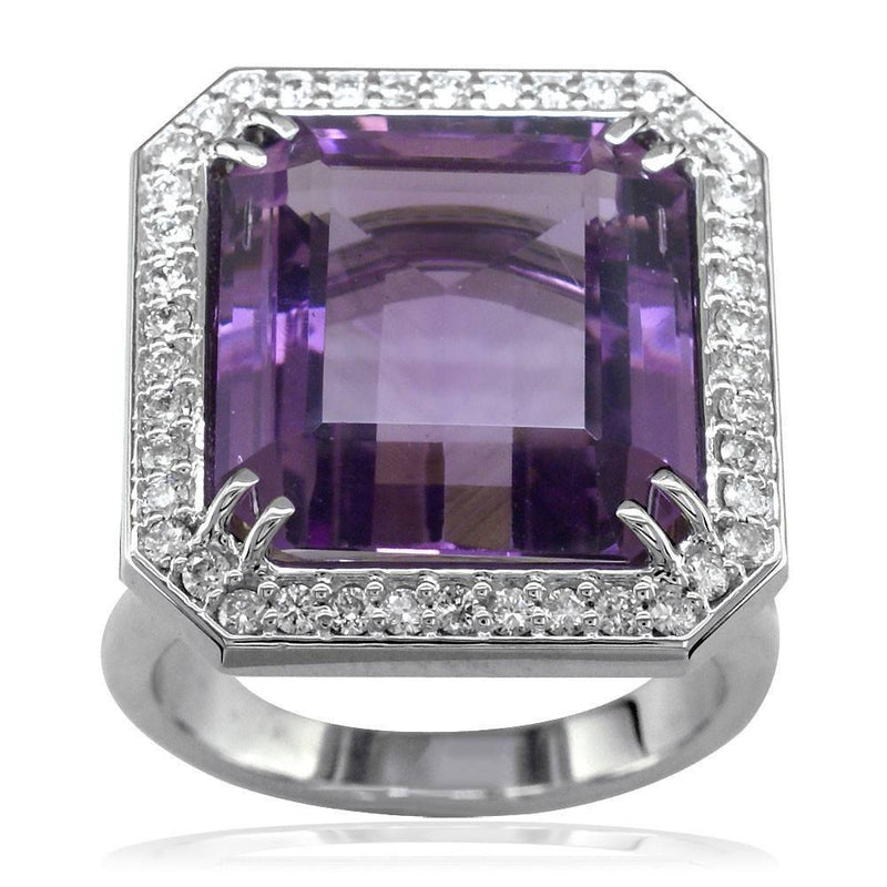 Large Emerald Cut Amethyst and Diamond Halo Ring in 14K White Gold