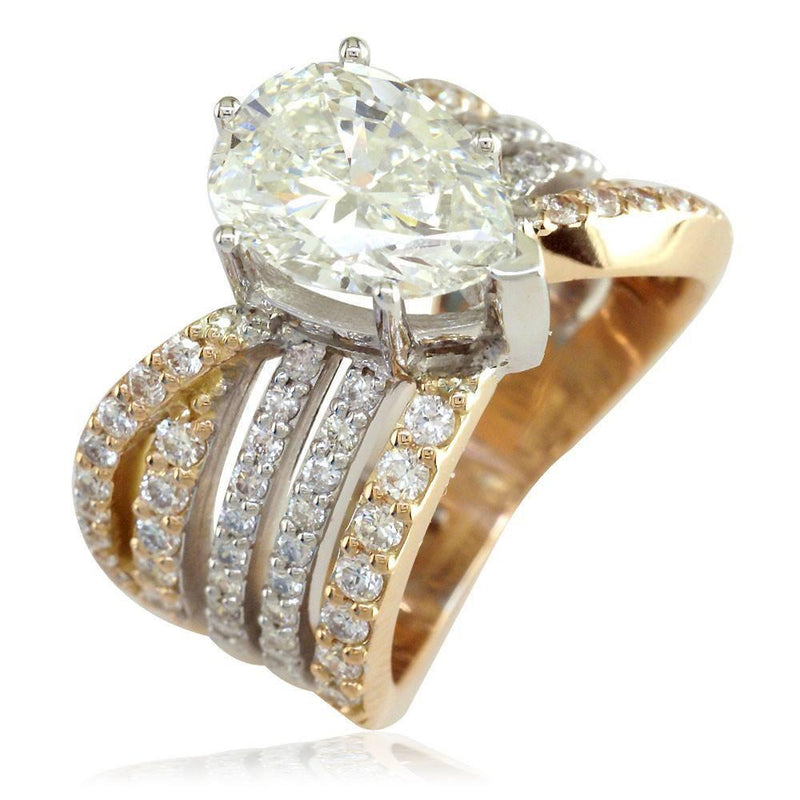 5 Row Semi Mount Ring for Large Pear Shape Diamond in 14K White and Yellow Gold, 2.25CT