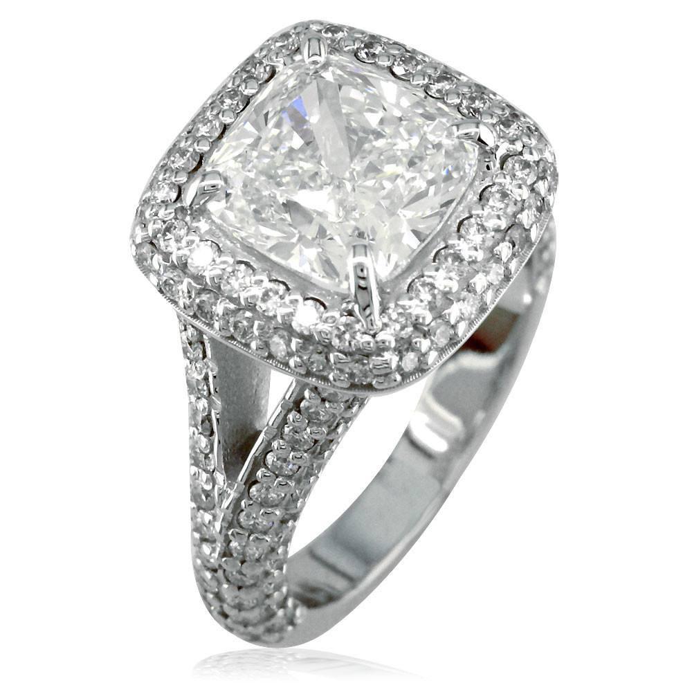 Cushion Cut Diamond Halo Engagement Ring Setting, 1.62CT Sides in 18K White Gold