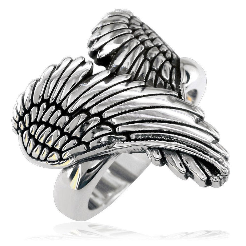Large Angel Heart Wings Ring with Black, Wings Of Love, 22mm in 14K White Gold
