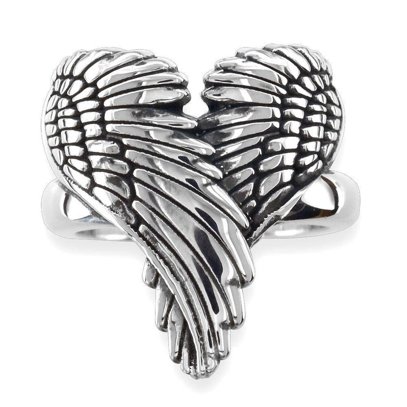 Large Angel Heart Wings Ring with Black, Wings Of Love, 22mm in 14K White Gold