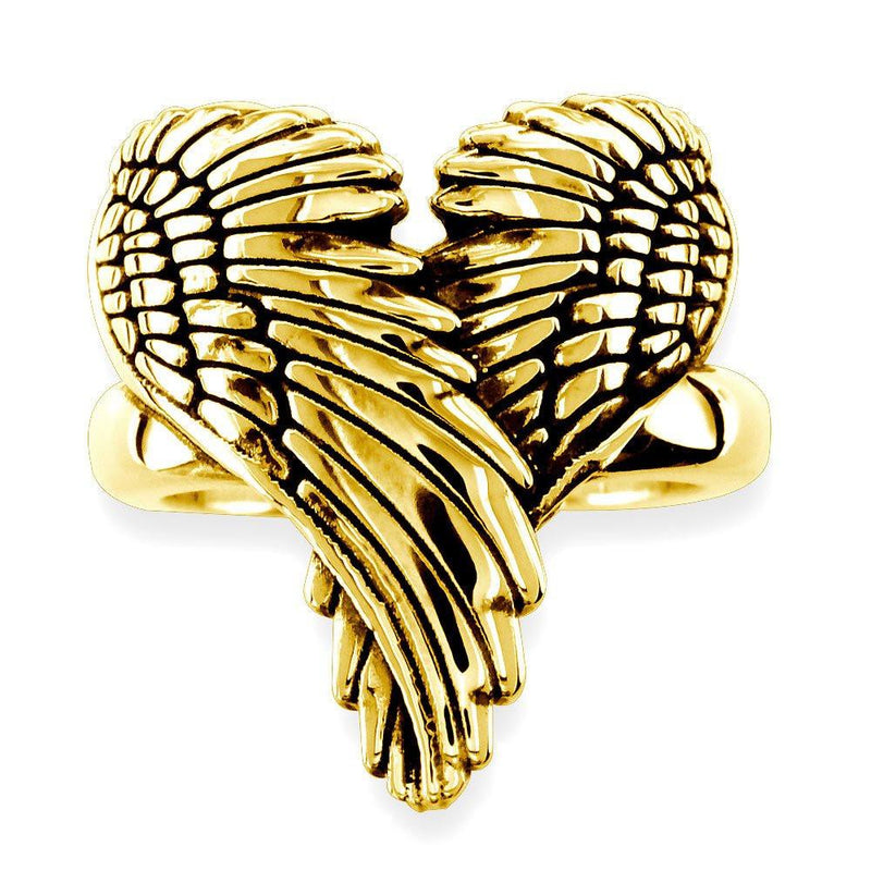 Large Angel Heart Wings Ring with Black, Wings Of Love, 22mm in 14K Yellow Gold