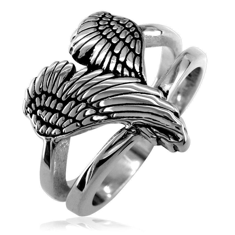 Medium Angel Heart Wings Ring with Black, Wings Of Love, 17mm in Sterling Silver