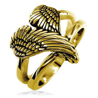 Medium Angel Heart Wings Ring with Black, Wings Of Love, 17mm in 14K Yellow Gold