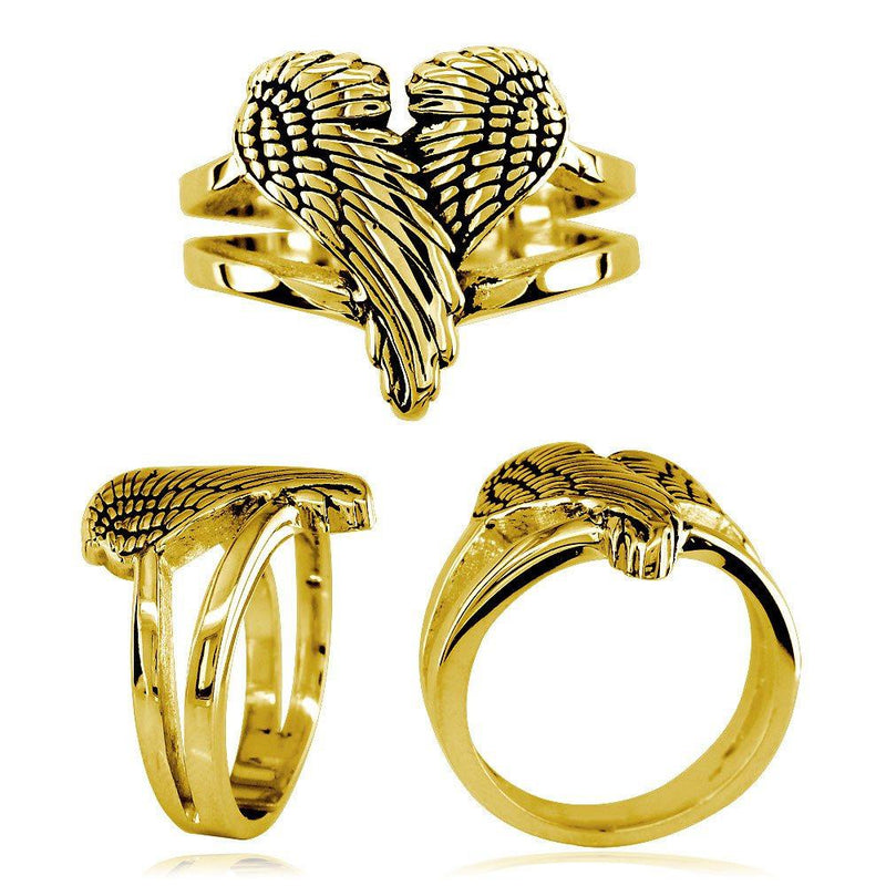 Medium Angel Heart Wings Ring with Black, Wings Of Love, 17mm in 14K Yellow Gold