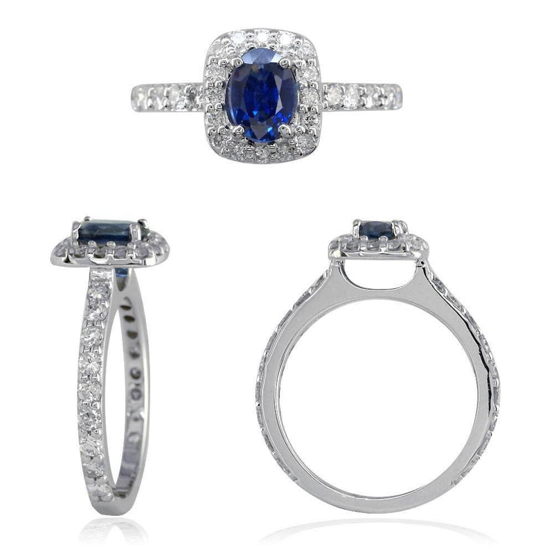 Oval Sapphire and Diamond Halo Right Hand Ring, 0.70CT Diamonds in 14k White Gold
