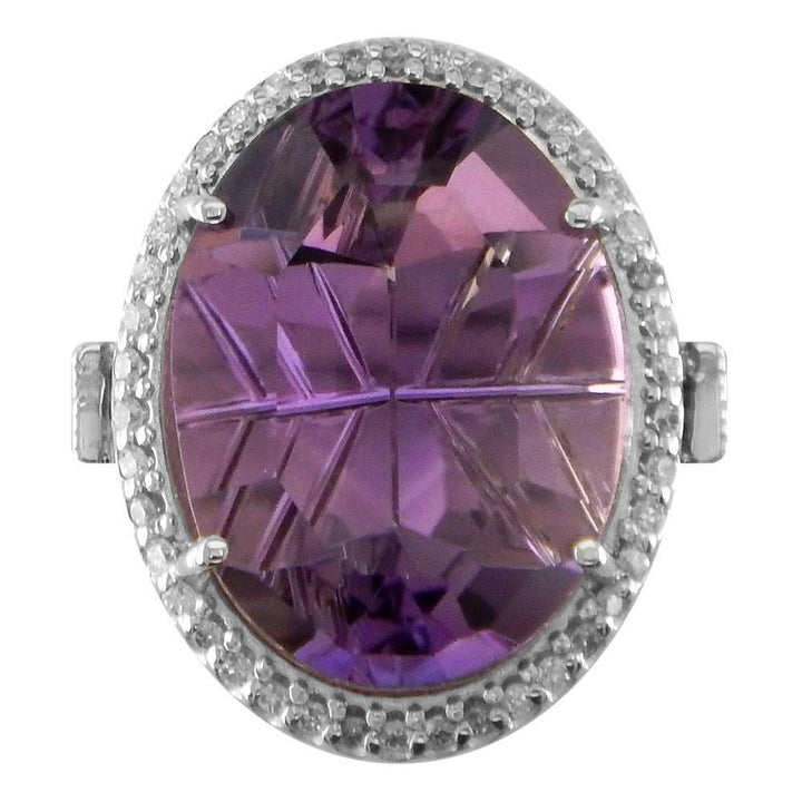 Large Laser Cut Oval Amethyst and Diamond Halo Right Hand Ring