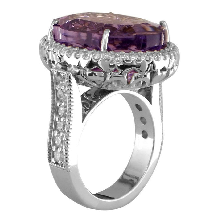 Large Laser Cut Oval Amethyst and Diamond Halo Right Hand Ring