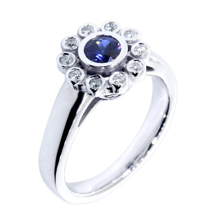 Round Sapphire and Diamond Halo Ring, 0.15CT Diamonds in 14k White Gold