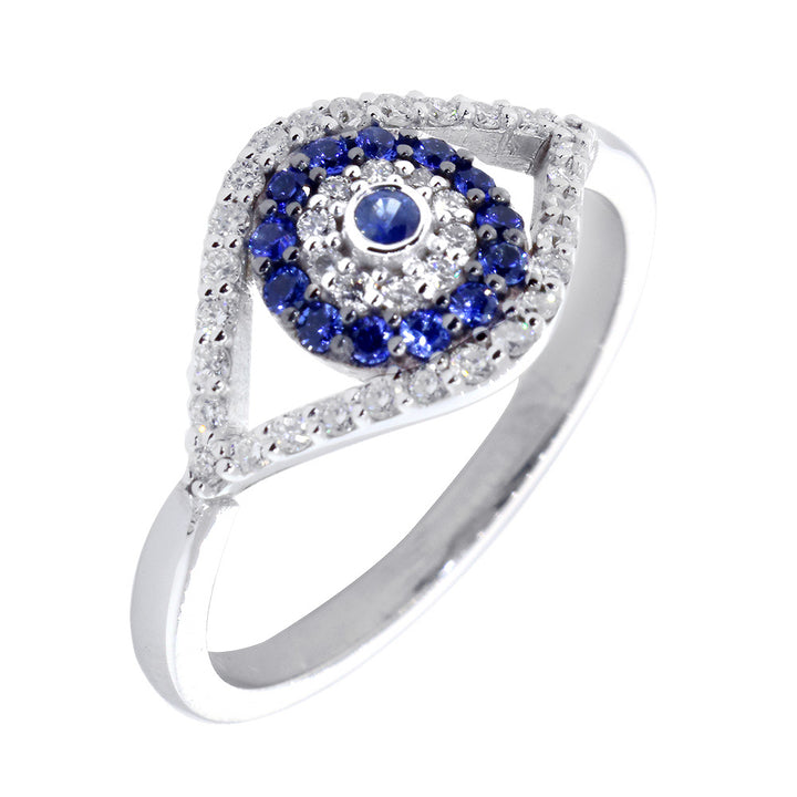 Diamond and Blue Sapphire Evil Eye Ring in 14k White Gold