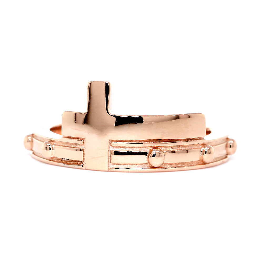 Rosary and Cross Ring, 10 Beads in 14k Pink, Rose Gold