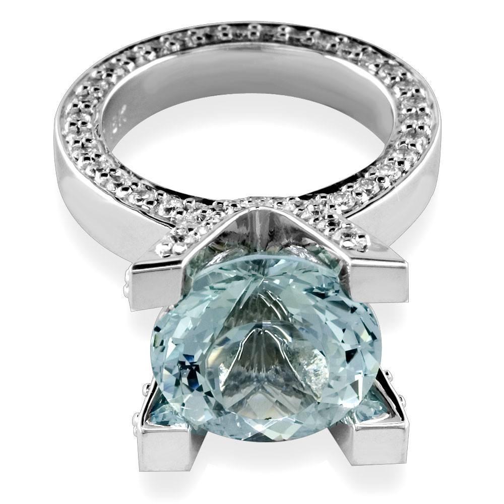 Large Round Aquamarine and Diamond Right Hand Ring, 1.75CT Diamonds in 18k White Gold