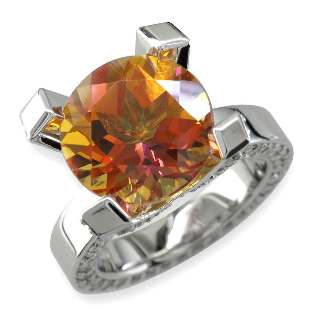 Large Round Autumn Topaz and Diamond Right Hand Ring, 1.75CT Diamonds in 18k White Gold