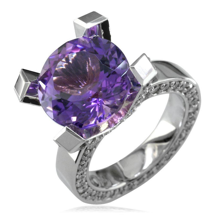 Large Round Amethyst and Diamond Right Hand Ring, 1.75CT Diamonds in 18k White Gold