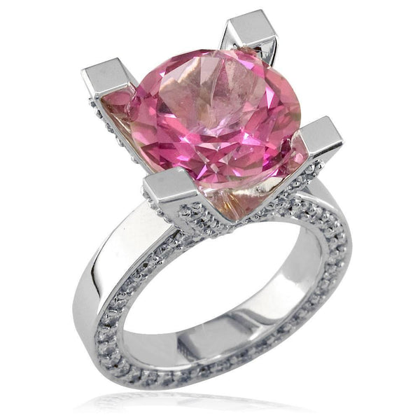 Large Round Blush Pink Topaz and Diamond Right Hand Ring, 1.75CT Diamonds in 18k White Gold