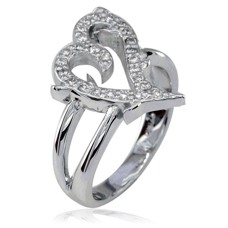 Guarded Love Heart Ring with Cubic Zirconias in Sterling Silver
