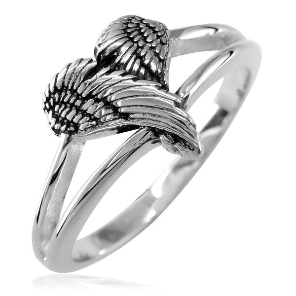 Small Angel Heart Wings Ring with Black, Wings Of Love, 12mm in Sterling Silver