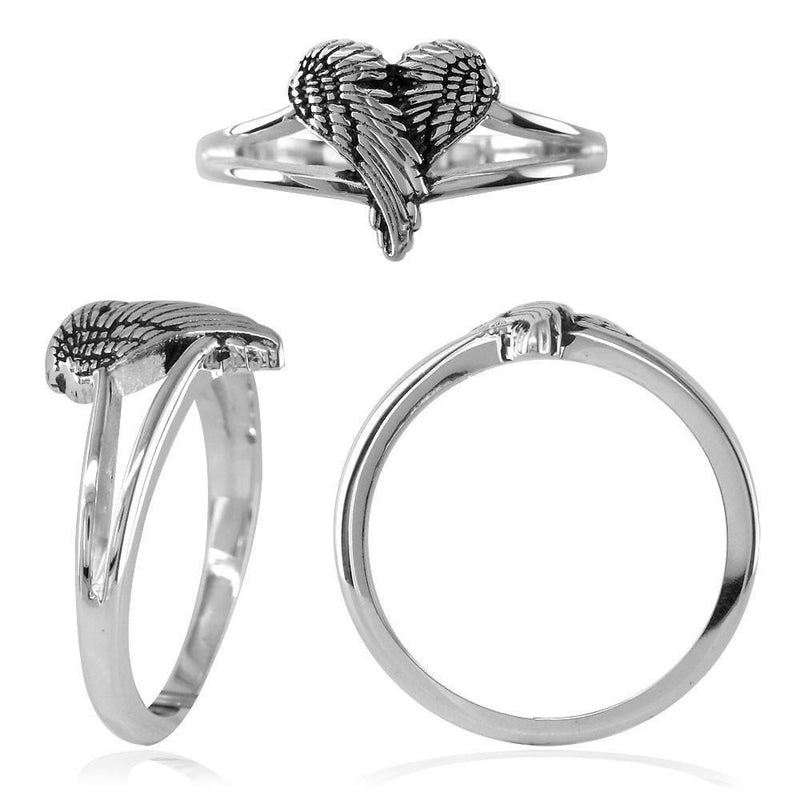 Small Angel Heart Wings Ring with Black, Wings Of Love, 12mm in Sterling Silver