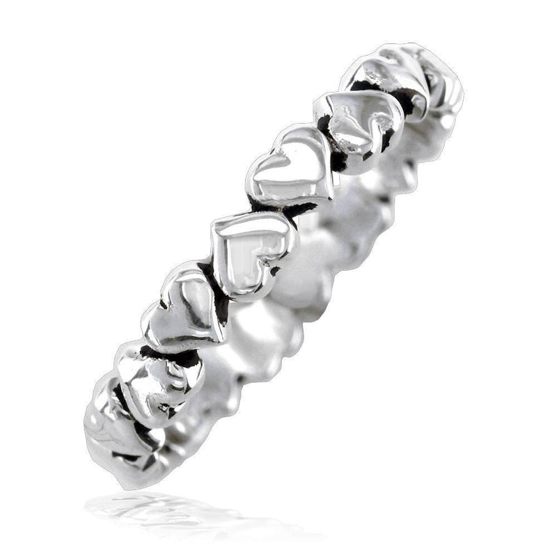 Thin Eternity Hearts Stacker Ring with Black Detail in Sterling Silver