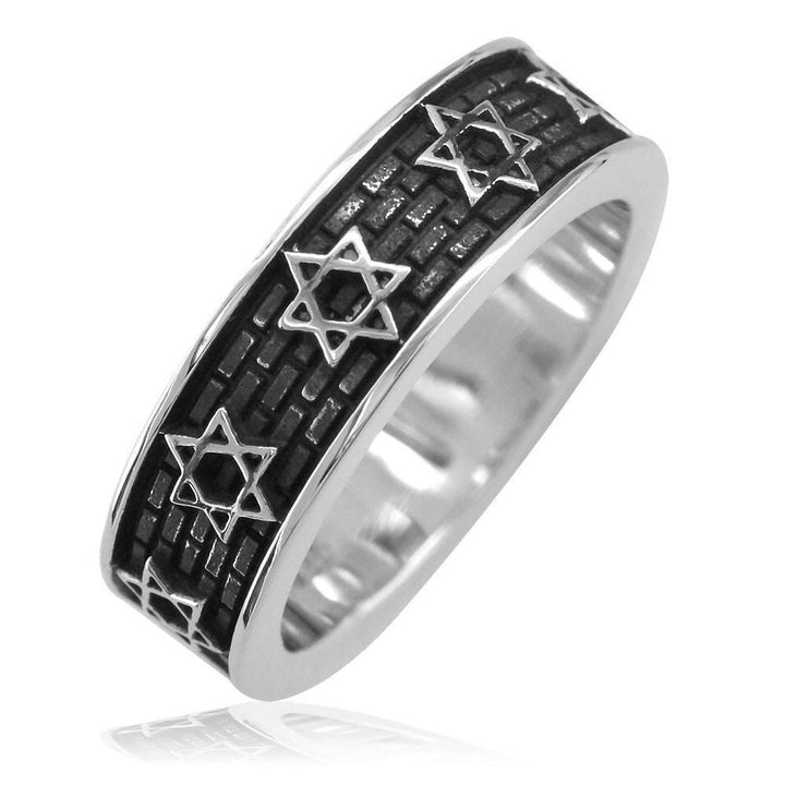 Jewish Star Of David and Brick Wall Ring with Black, 6mm in Sterling Silver