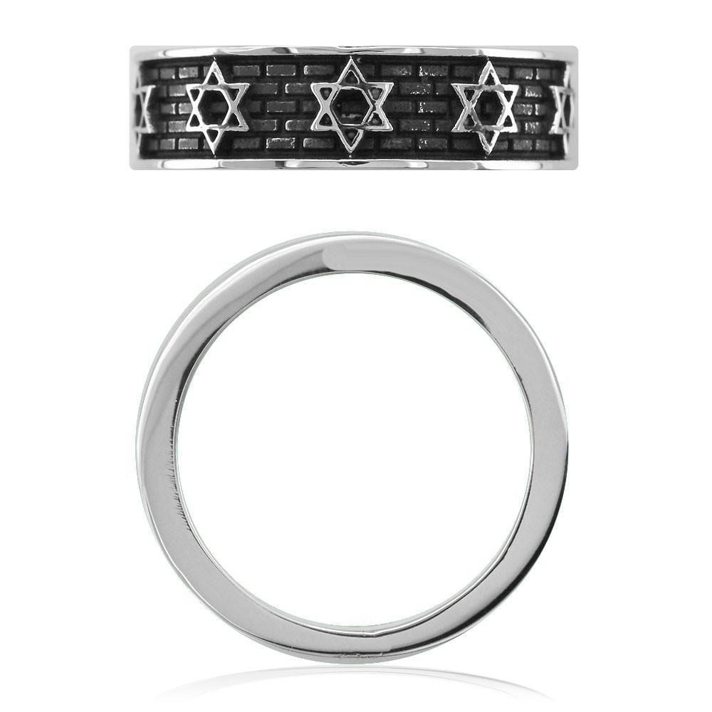 Jewish Star Of David and Brick Wall Ring with Black, 6mm in Sterling Silver