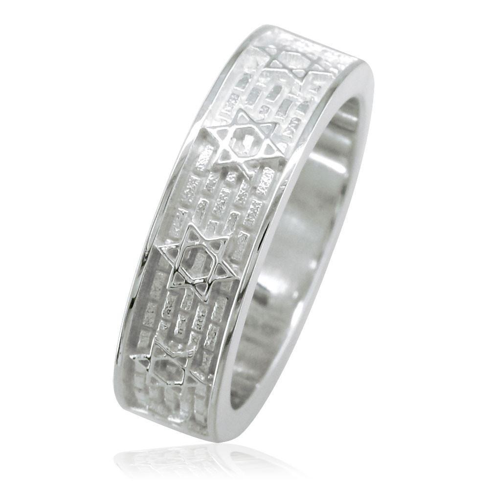 Jewish Star Of David and Brick Wall Ring, 6mm in 14k White Gold