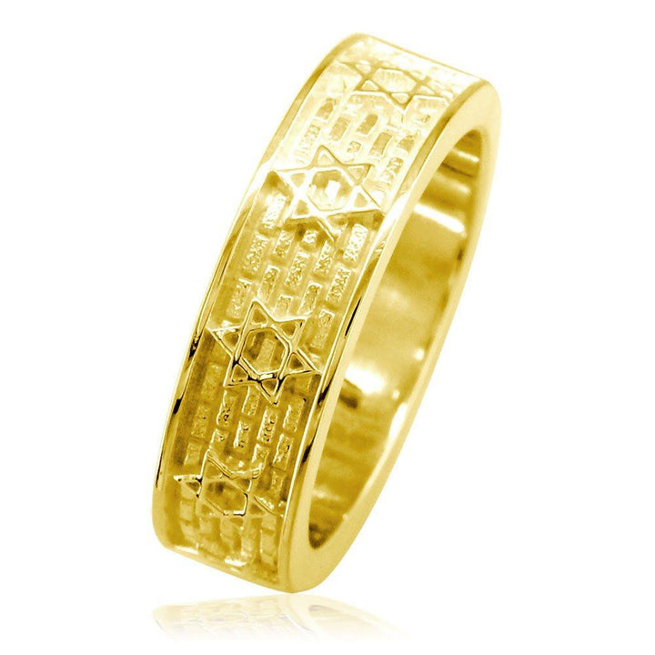 Jewish Star Of David and Brick Wall Ring, 6mm in 14k Yellow Gold