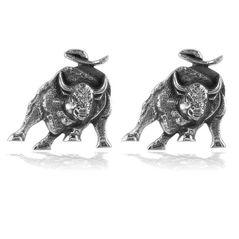 Wall Street Charging Bull Cufflinks with Black in Sterling Silver