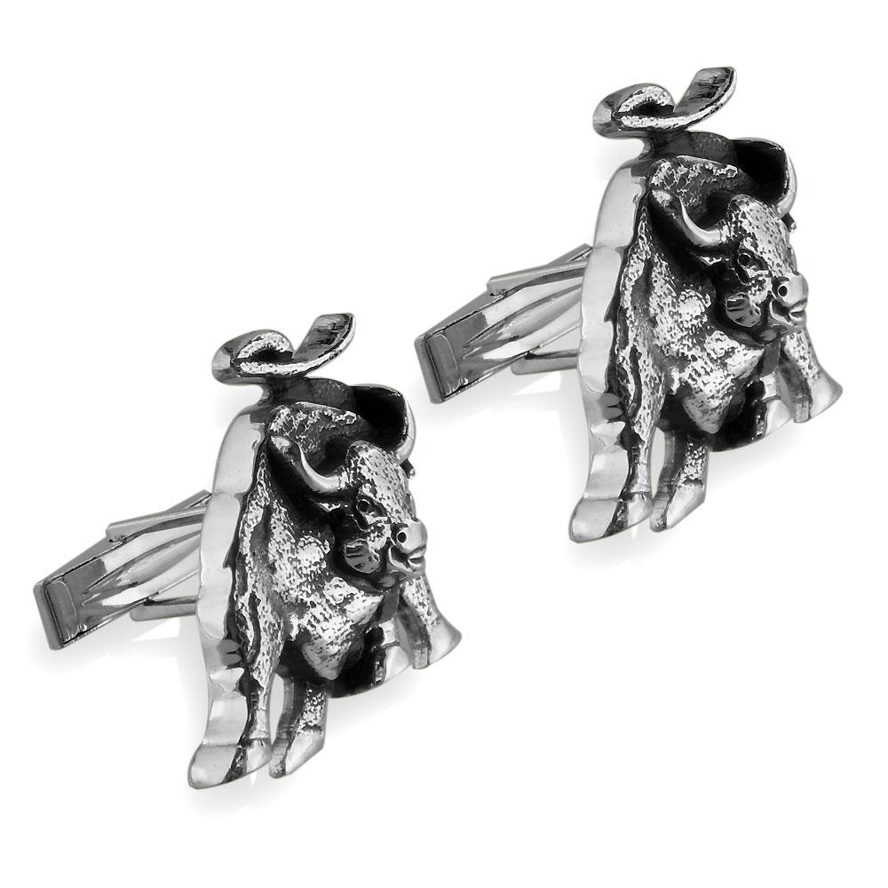 Wall Street Charging Bull Cufflinks with Black in 14K White Gold