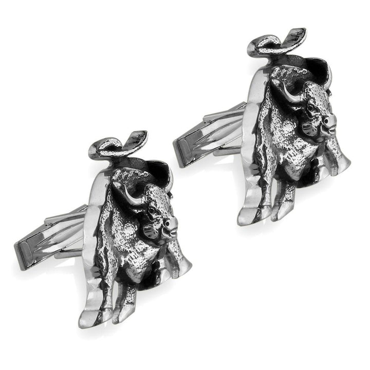 Wall Street Charging Bull Cufflinks with Black in Sterling Silver
