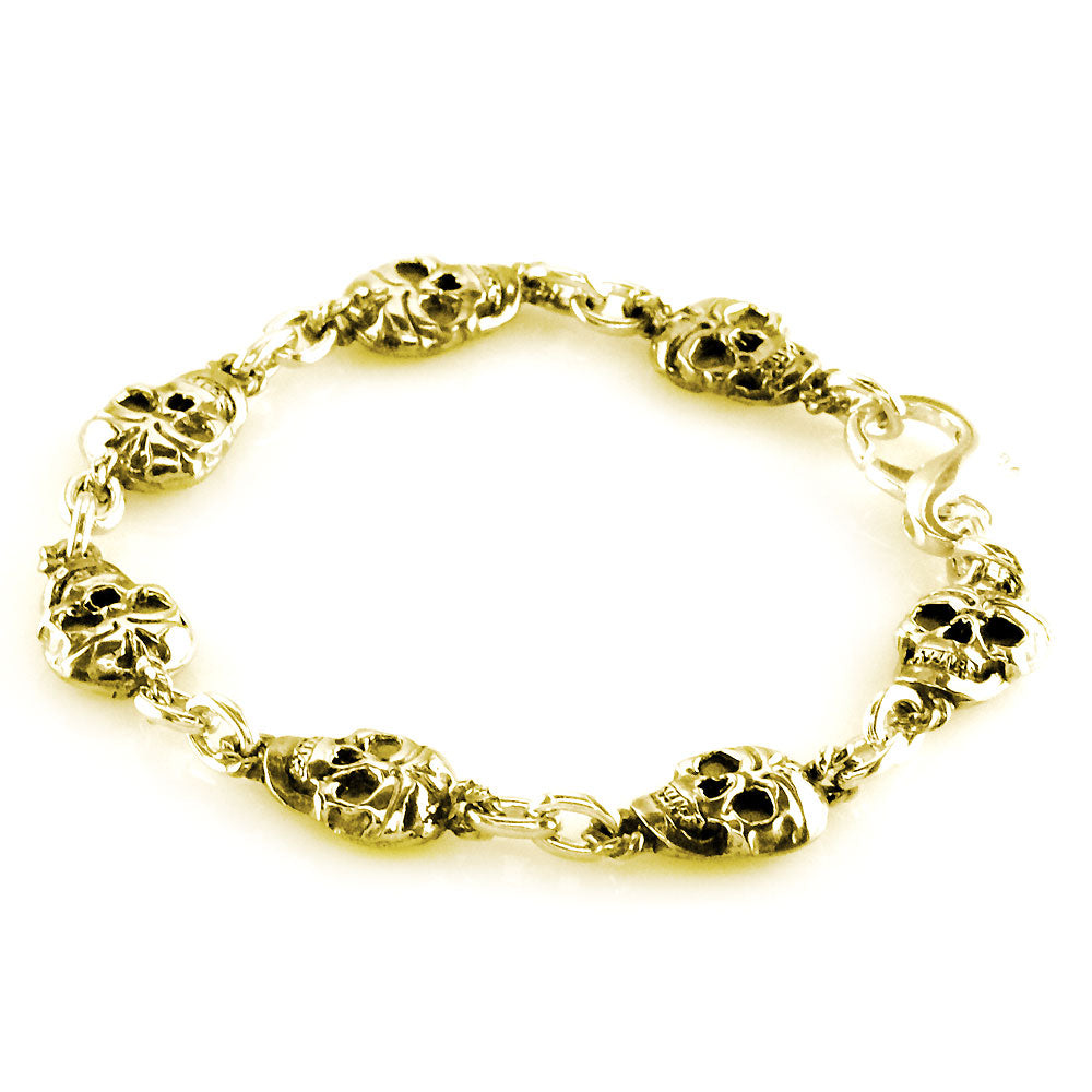 Mens Solid Skull Link Bracelet with Black in 14K Yellow Gold