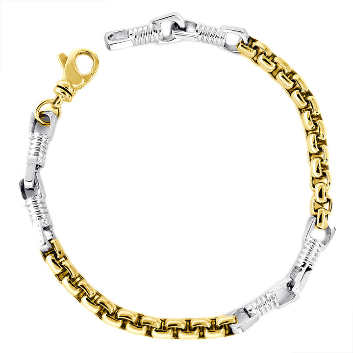 Mens Fancy and 5mm Box Links Bracelet, 8.5 Inches in 14k Two Tone Gold